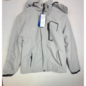 Pooluly Mens Hooded Ski Jacket Light Gray Waterproof Winter Coat 701A-MEN Large